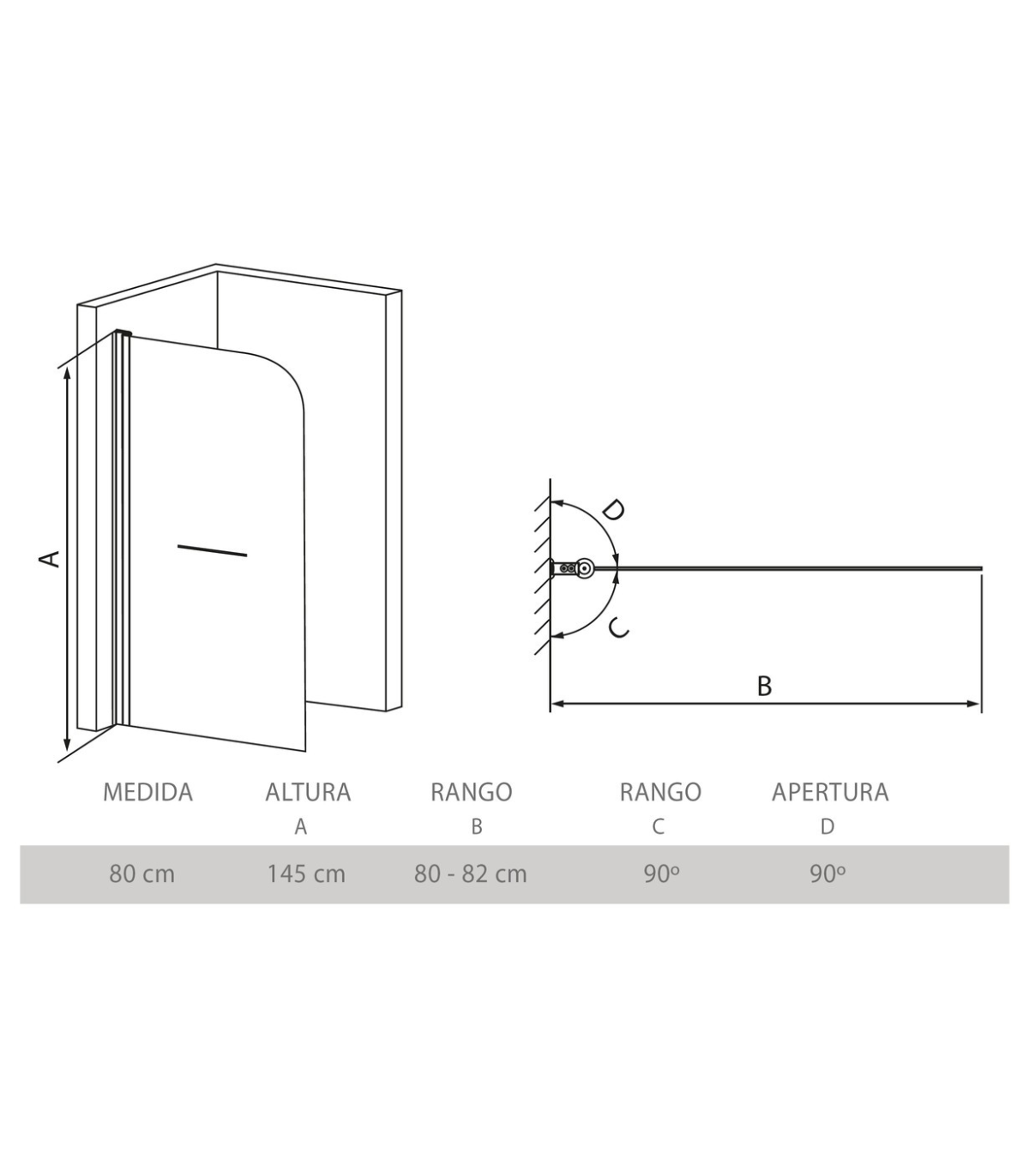 Mampara Biombo para Bañera con Tirador Modelo UBIN   145x80cm, Cristal 5mm . Perfil Aluminio, Fácil Apertura